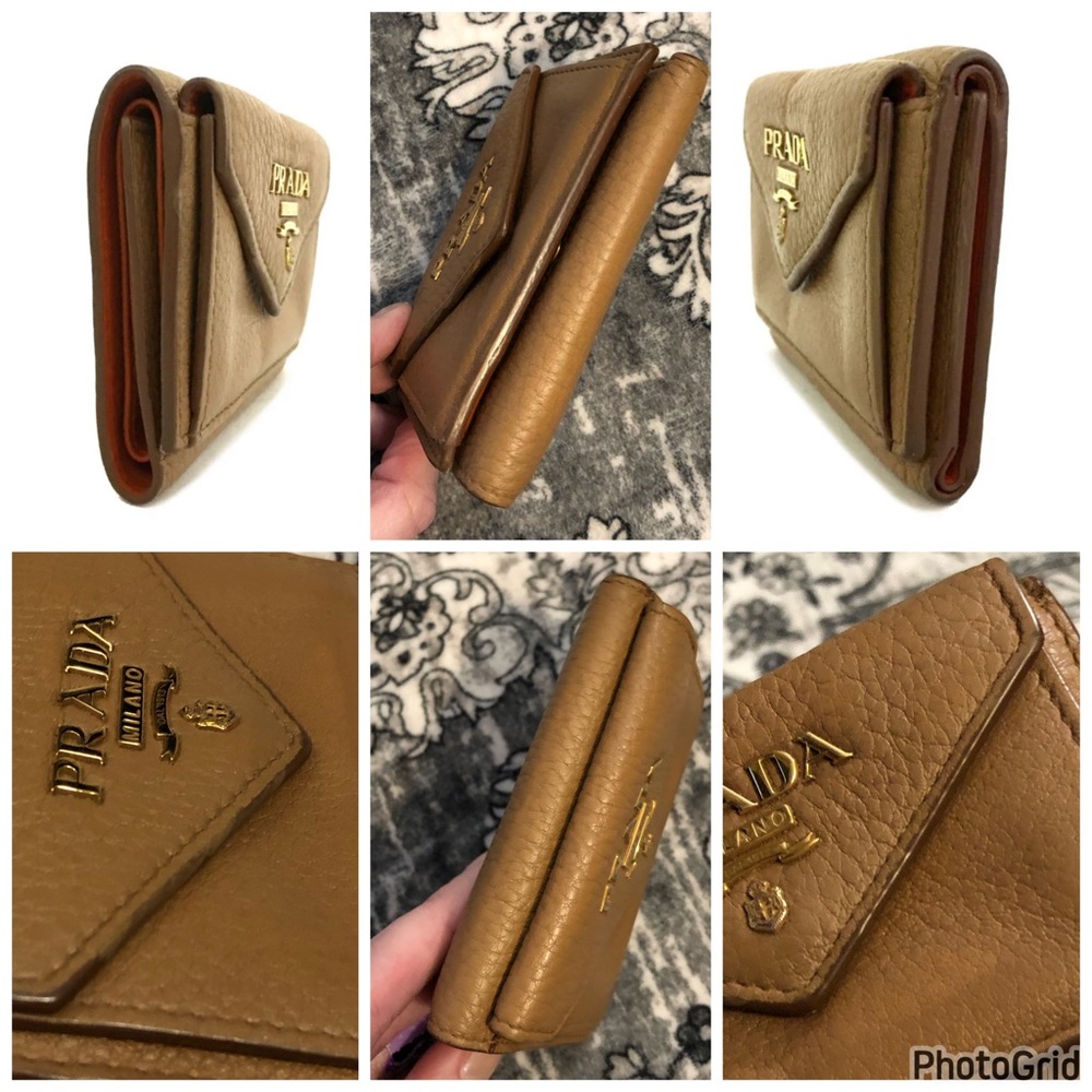 Prada AUTHENTIC Tan Leather Orange Interior Trifold Gold Logo Compact Wallet - Picture 9 of 16